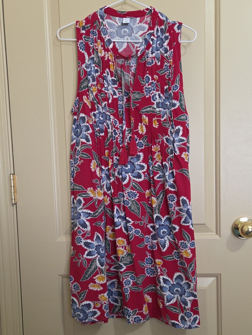 Old Navy Red Floral Midi Dress with Tassel Tie